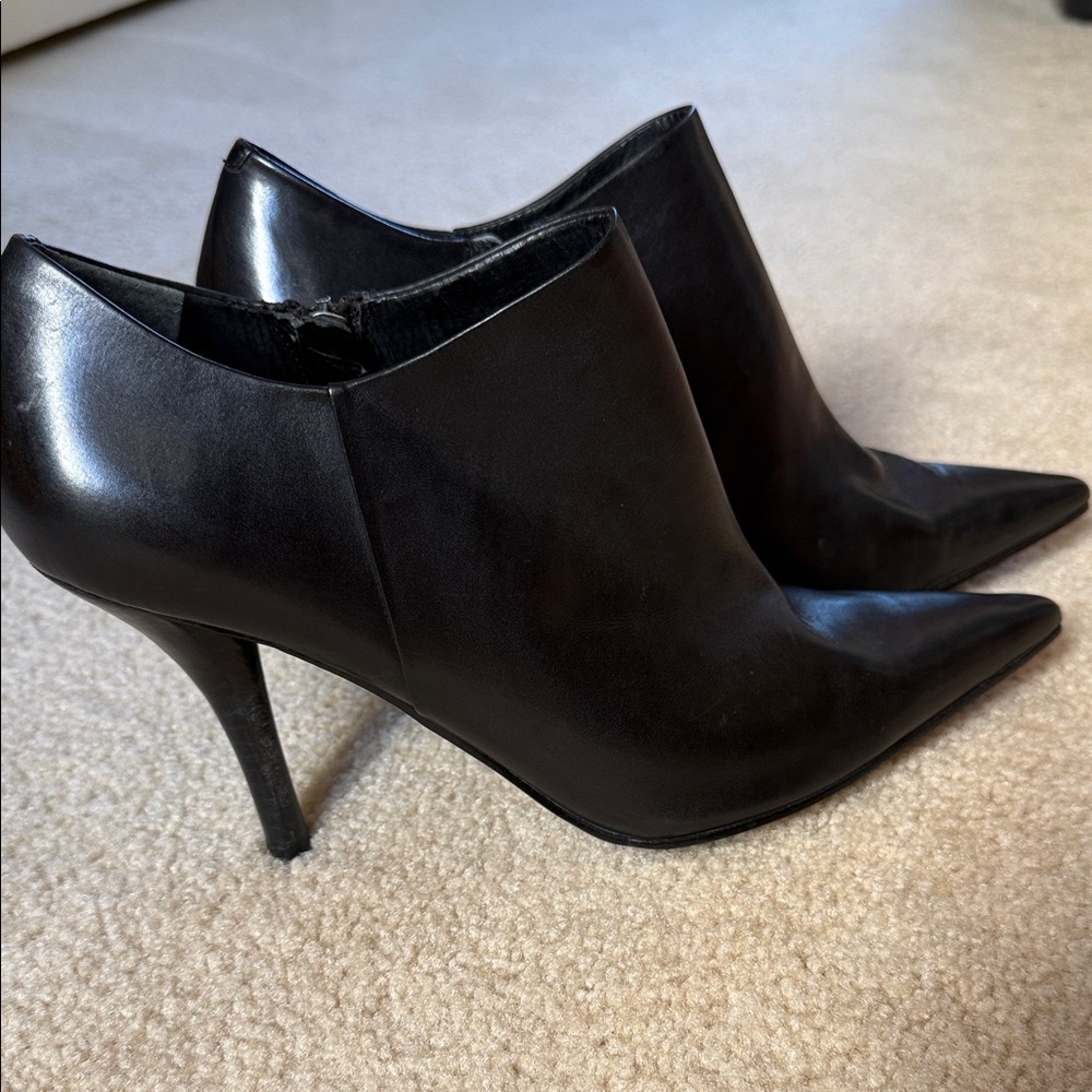 Black Leather Pointed-Toe Ankle Booties